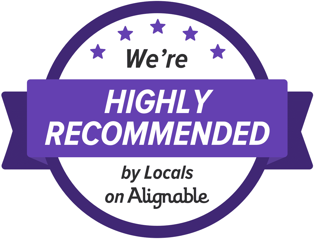 A circular badge with a purple border and five purple stars at the top. Text in the center reads, 