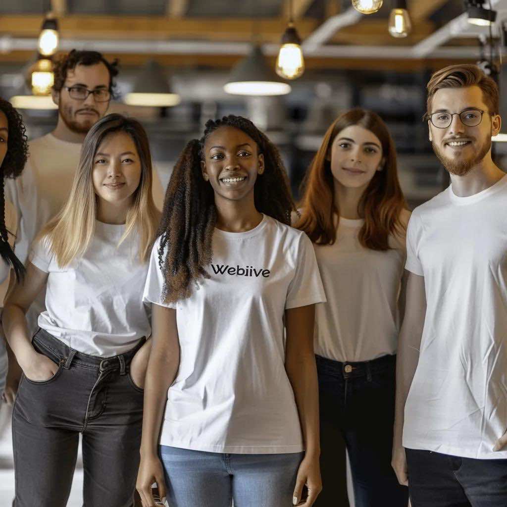 A diverse group of six people wearing white t-shirts, smiling and standing together indoors with hanging lights in the background. - WebJIVE SEO & Web Design Services
